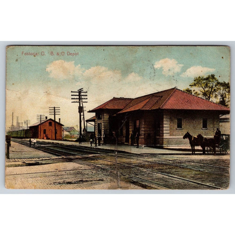 1909 Fostoria Ohio B&O Depot Railroad Station Postcard Walter R Rice